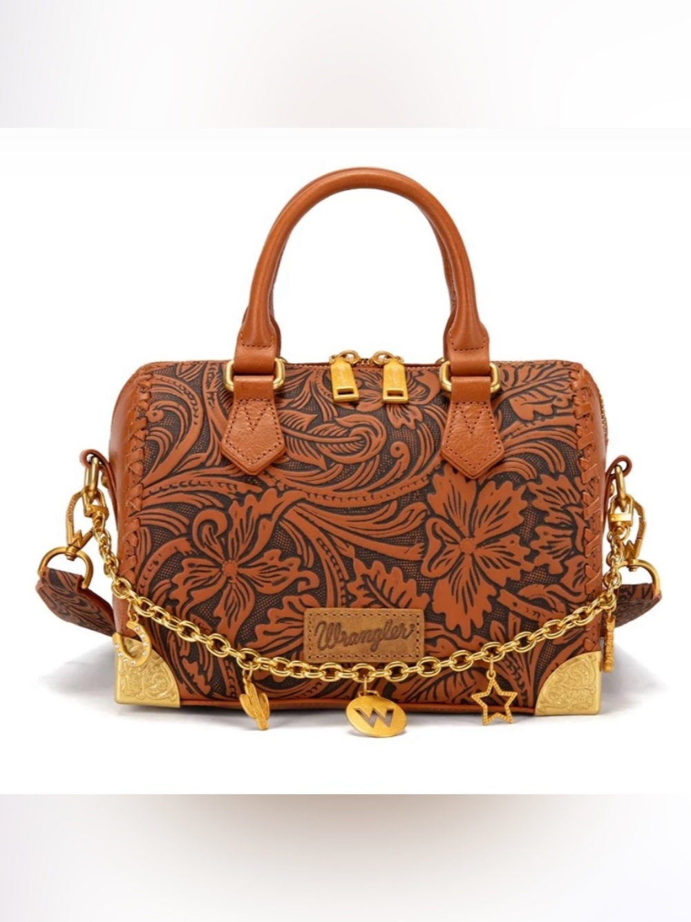 Wrangler Genuine Leather Tooled Floral Boston Crossbody Bag with Charm Chain nwt
